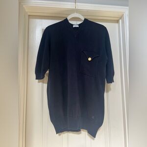 Chanel Navy 90s ribbed short sleeve sweater button pocket size L blue neck